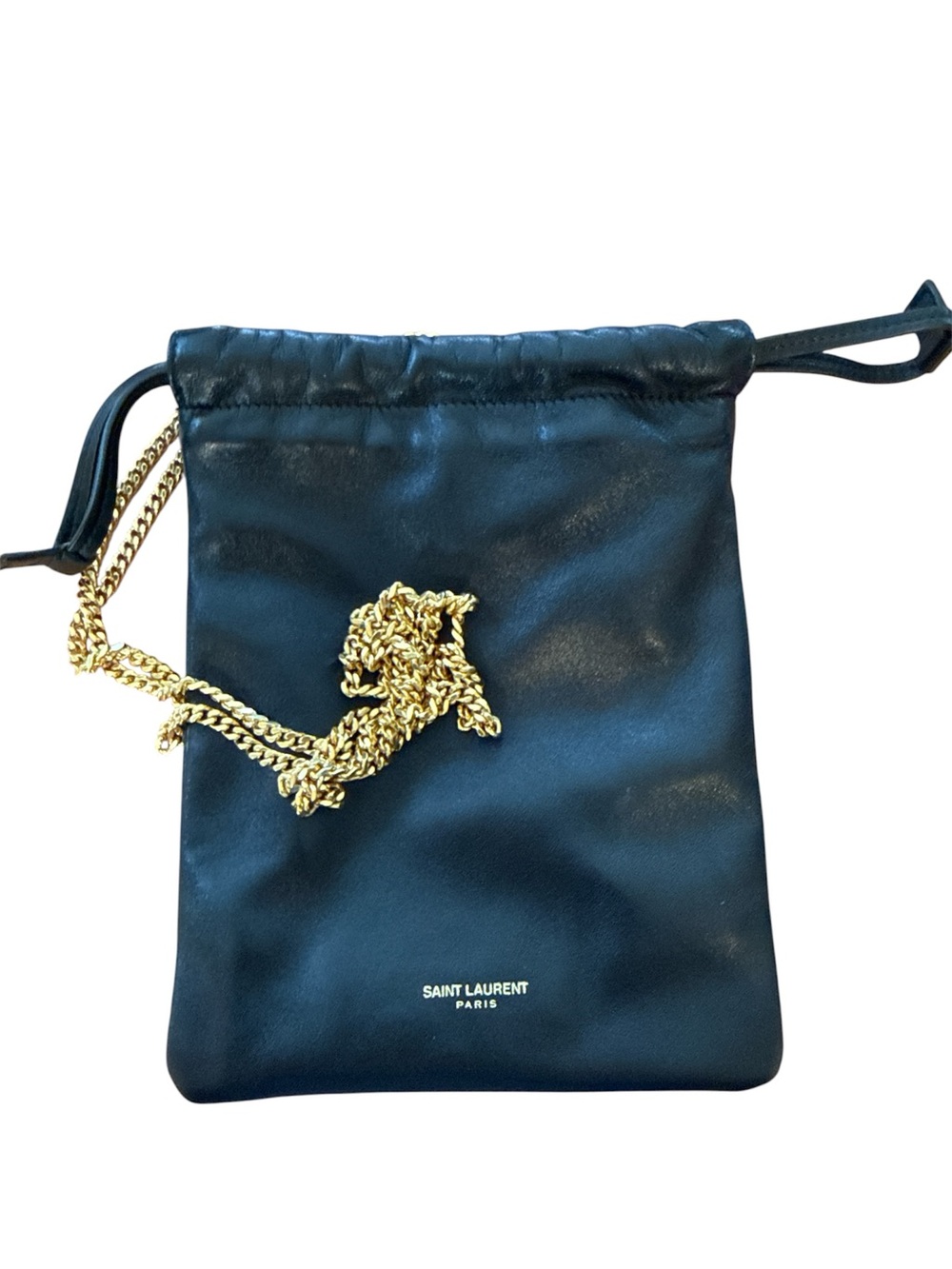 Saint Laurent Black Leather Drawstring Crossbody with Gold Chain